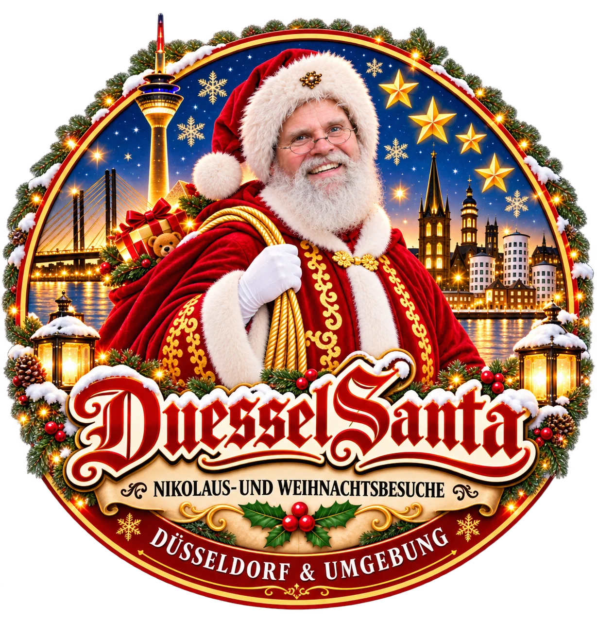 DuesselSanta Logo mit Weihnachtsmann und Düsseldorf-Silhouette
